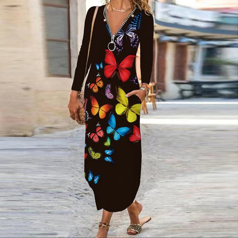 Vintage Flower Dress Women O Neck Pocket Casual Dresses For Women Loose Long Dress Plus Size Ladies Vacation Party Dress