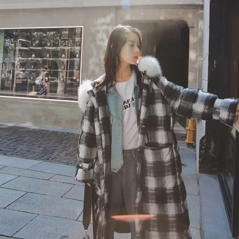 

Photo Shoot Plaid down Jacket Cotton-padded Clothes Women's 2019 Winter New Style Mid-length over-the-Knee Cotton-padded Clothes