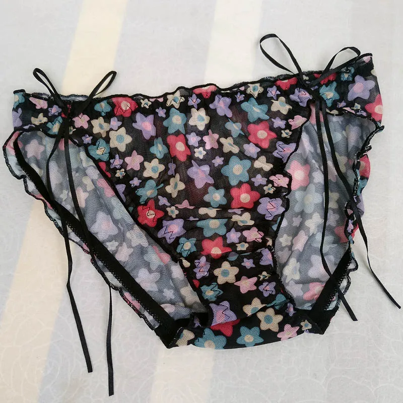 Thin Mesh See Thru Sissy panties Floral Ruffles Mens Briefs With bowknots Panty Lingerie Gay Knickers Sissy Underpants Black