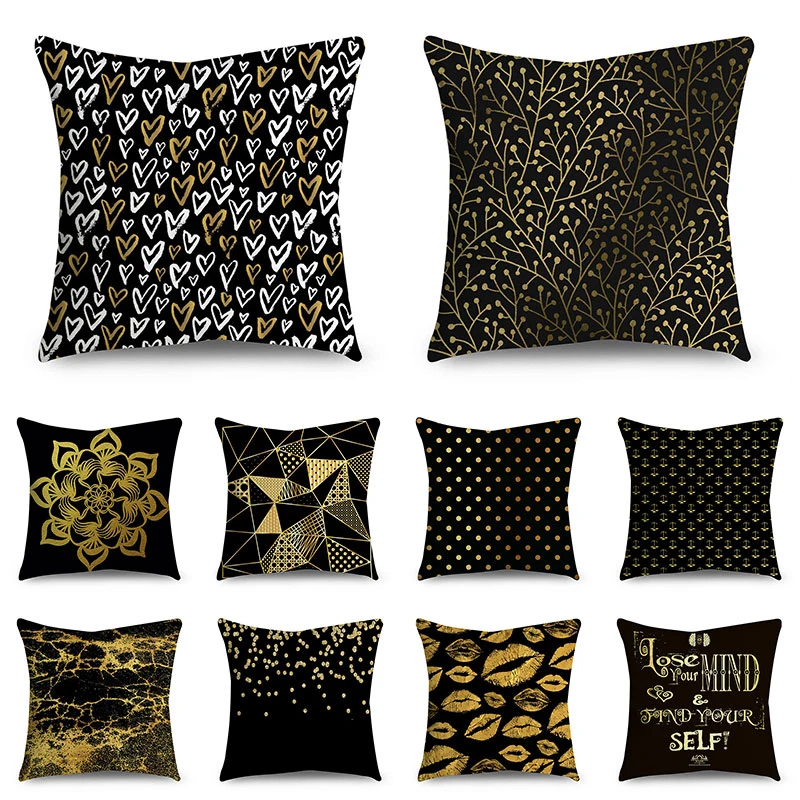 Luxury Black Gold Pillowcase Light Printed Pillowcase Modern Polyester Pillow Cover Cushion