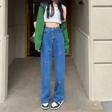 

Harajuku Style Jeans Trousers Retro Fashion Flowers Embroidery Design Denim High Waist Straight Casual Blue Cowboy Women's Pants