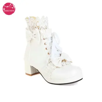 Botines de plataforma gruesa para mujer, botas con cordones de tacón medio de Lolita, lazo dulce perla en la espalda, cremallera trasera, zapatos de fiesta para Cosplay, color rosa y blanco 1