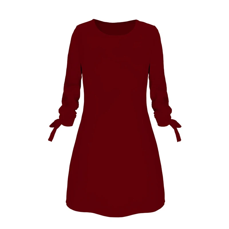 Женское цельнокроеное платье, однотонное платье с круглым вырезом и длинными рукавами, Повседневное платье для весны и осени, SEC88