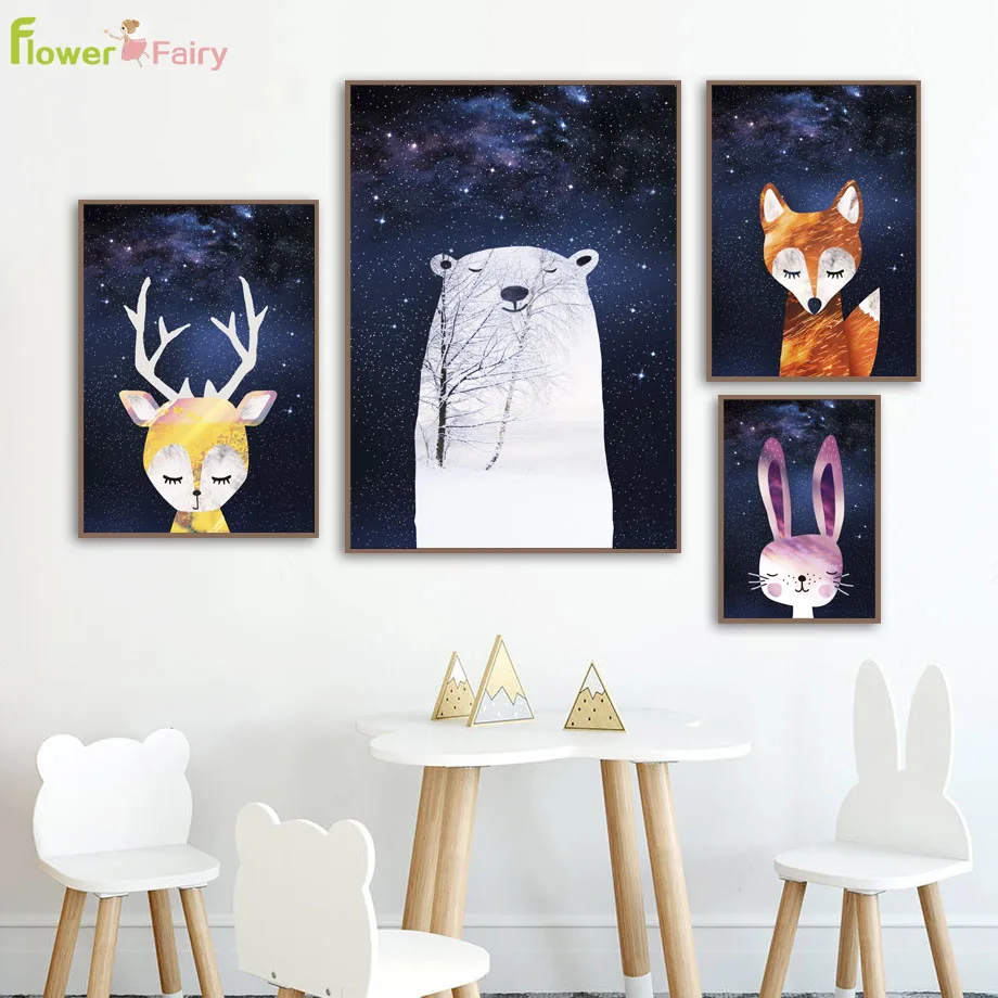 

Cartoon Starry Sky Rabbit Wall Art Canvas Painting Fox Bear Nordic Poster Elk Animal Wall Pictures For Living Room Unframed