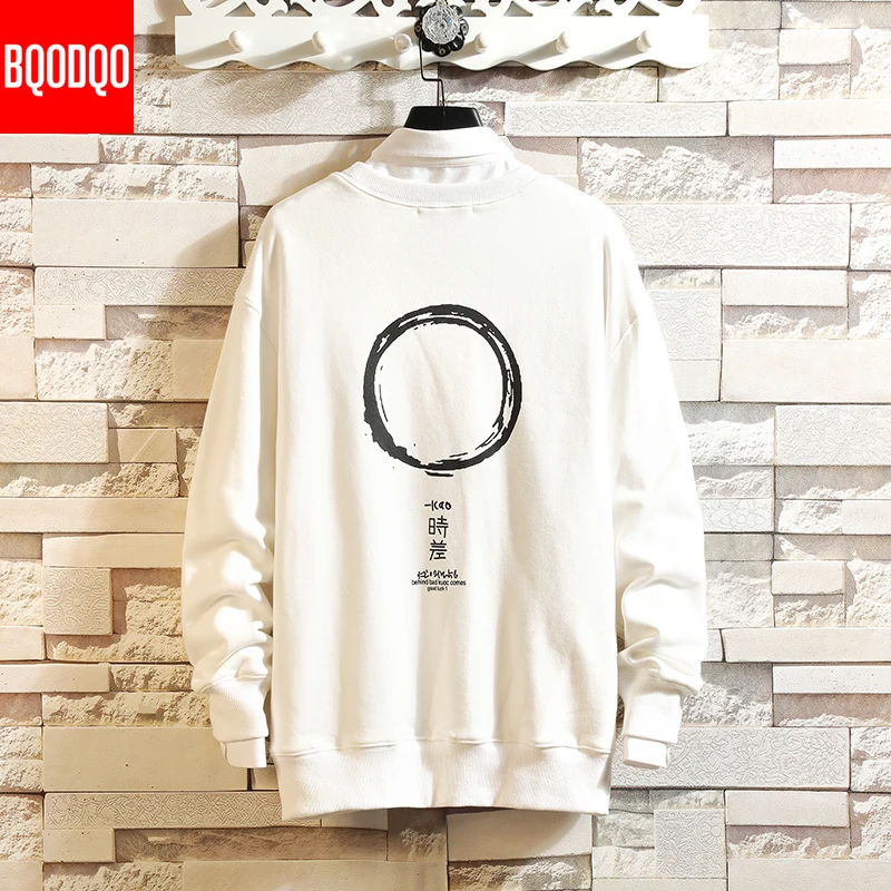 Korean Style Black Sweatshirts Men Drop Shoulder Japanese Streetwear Pullovers Loose Cotton Autumn Casual Men's Clothing | Мужская