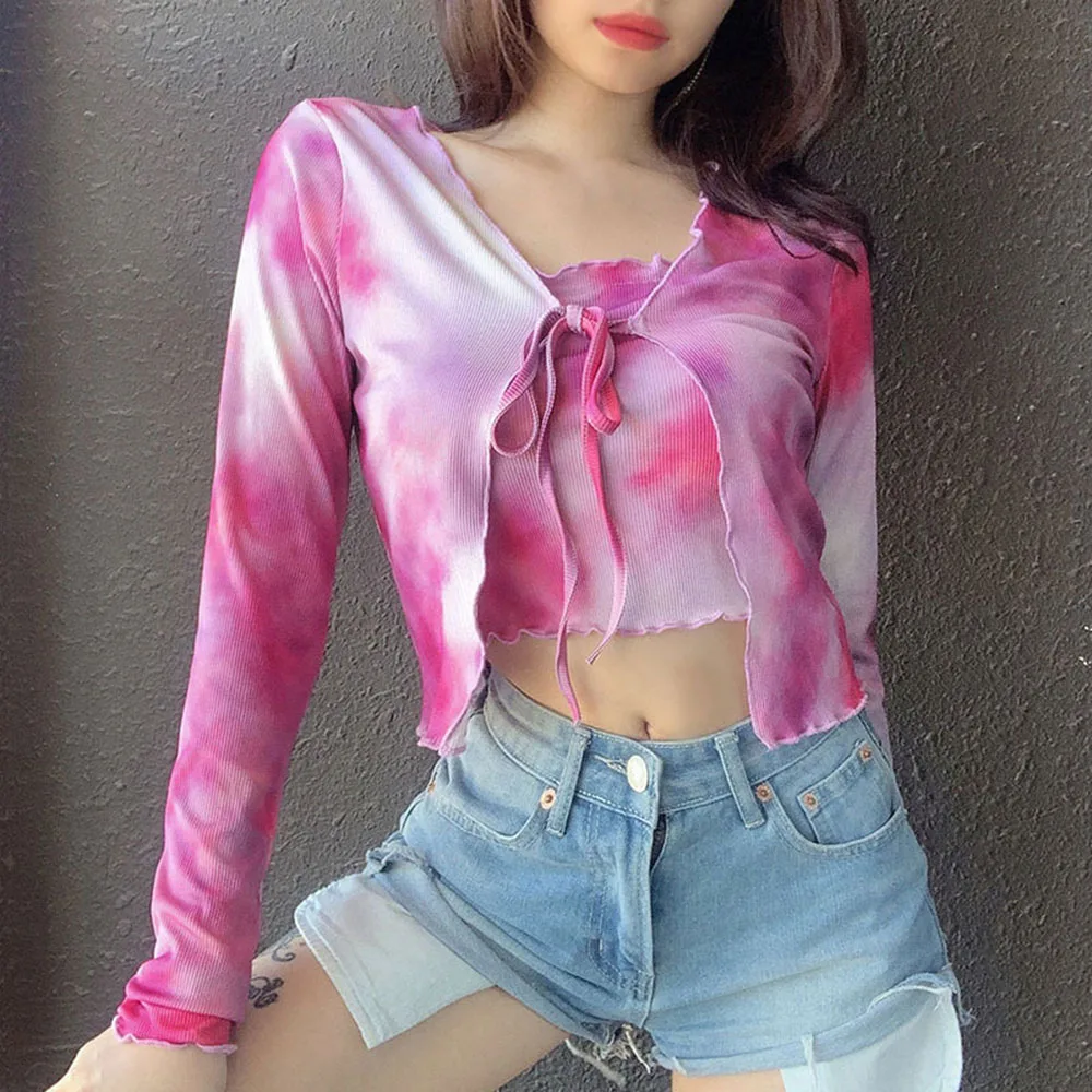 

2020 Women's Sexy Tie-Dye Blooming 2 pieces Tops Fashion Streetwear Gradient Sweet Short Two-Piece Suit Casual knitted Tops