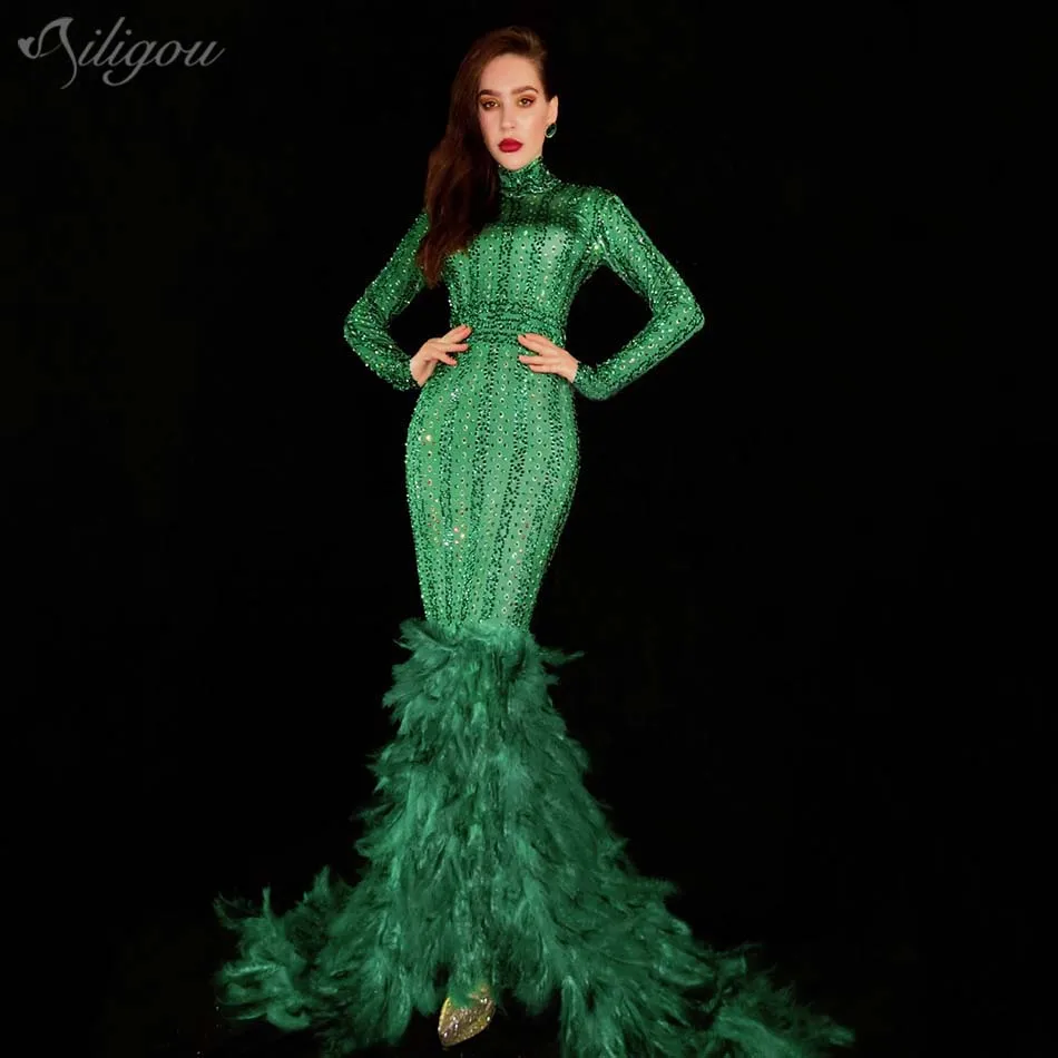 Женское блестящее платье Ailigou зеленое с длинным рукавом высоким воротником и