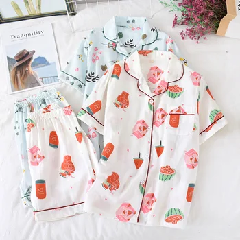 

Short-sleeved Shorts Ladies Pajamas Suit Summer Piyamas Women Cotton Double Gauze Home Nightwear Conjunto Pijama Mujer