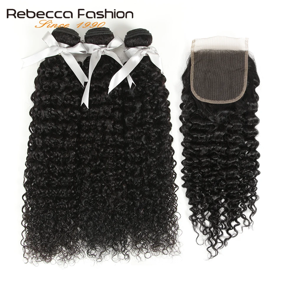 Rebecca Kinky Curly 3 пряди с закрытием Remy человеческие волосы для наращивания, бразильские кудрявые пряди волос с закрытием