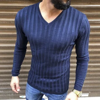 

Men Fashion Spring Autumn Warm Casual Sweaters Male V-neck Long Sleeve Striped Knitted Pullover Men Base Shirt Tops 2019 New