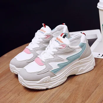 

2019 Women Comfortable Sneaker Shoes Pink Clunky Lace Up Sneakers Flat Platform Shoes for Women Zapatos De Mujer Casual Shoes