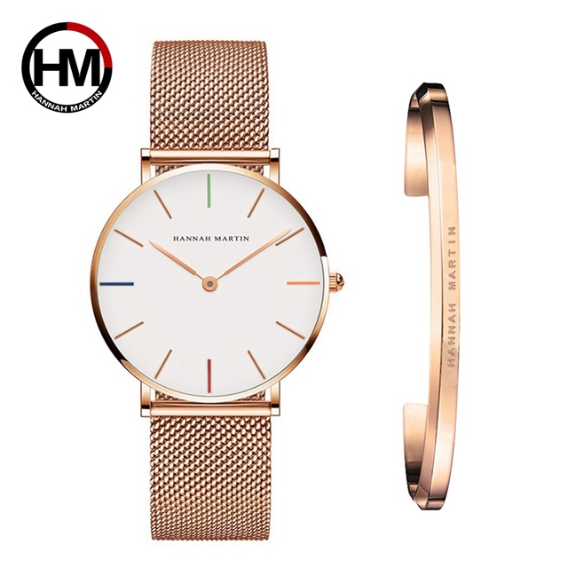 white Dial Watch Japan Quartz Simple Design Waterproof Rose Gold Stainless Steel Mesh Band Lady Watches for Women