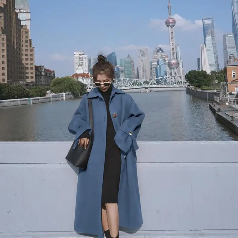 Осенне-зимнее однотонное женское повседневное шерстяное пальто Женская Длинная ветровка куртки корейское шерстяное пальто негабаритных пальто