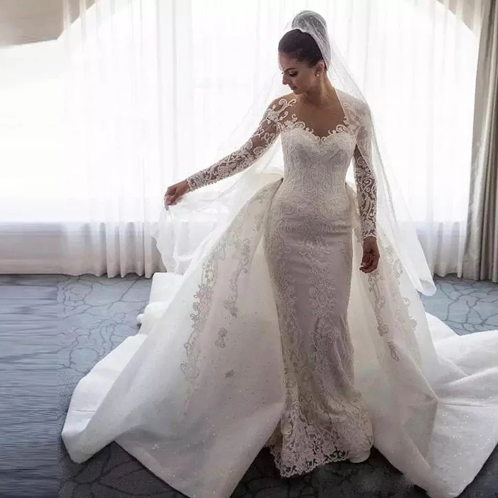 2 Pieces Luxury Wedding Dresses Detachable Train 2022 Elegant Long Sleeve Mermaid White Bride Dress Boho robe de mariee sukienki