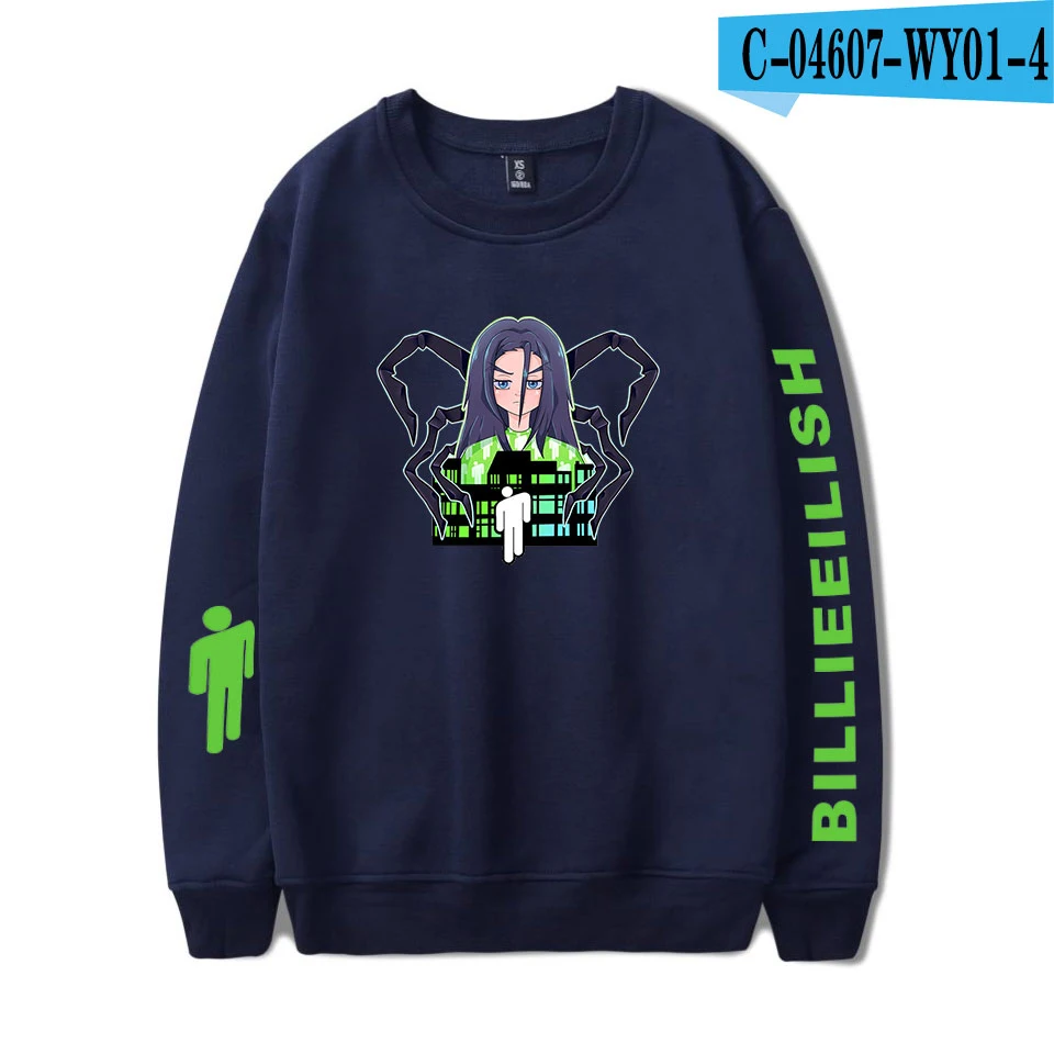 Принт Billie Eilish программное обеспечение Горячая с длинными рукавами, с круглым вырезом Harajuku толстовки Новая Мужская/женская повседневная одежда Kpop размера плюс - Цвет: navy