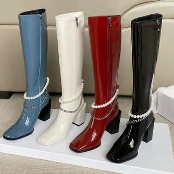 

New 2021 Women Knee High Boots Fashion Autumn Winter Shoes Woman Zipper Thick High Heels Black Blue Patent Leather Long Boots 42