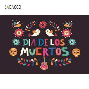 

Laeacco Dia De Los Muertos Photography Backgrounds Colorful Skull Flower Leaves Guitar Photo Backdrops Day of the Dead Photozone