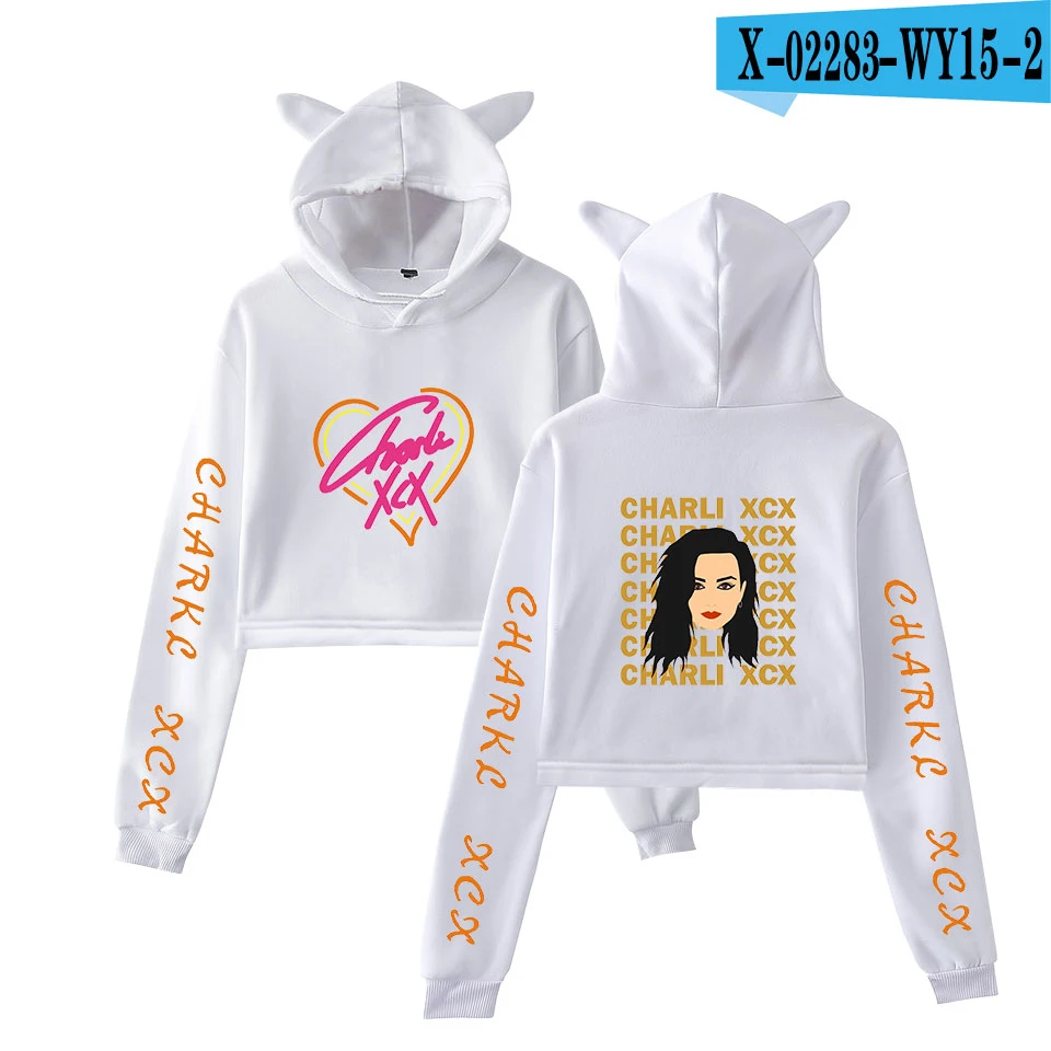 As picture Популярные Charli XCX кошачьи уши удобные толстовки с капюшоном для женщин поп укороченный топ толстовки худи для женщин девочек повседневные Черные Пуловеры Толстовка - Цвет: As picture