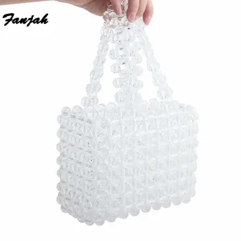 

Women Beaded Bag Transparent Acrylic Tote Bags Handmade Weave Crystal Pearl Bags For Wedding Party Summer Beach Travel Drop Ship