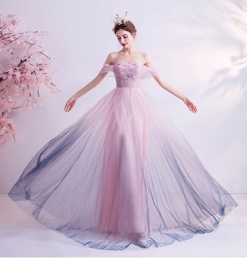 SSYFashion, новинка, милое, градиентное, розовое, фиолетовое, вечернее платье, романтичное, кружевное, с аппликацией, с бисером, длинное, для выпускного вечера, вечерние платья, Robe De Soiree