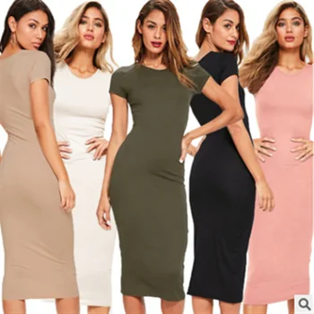 

2020 Fashion round Neck Short Sleeve All-match Long Stretch Tight-fitting Temperament Dress