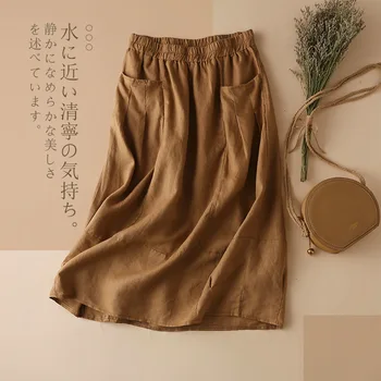 

2020 New Spring 100% pure Linen Skirt Summer Plus Size Women elastic waist Skirts Autumn Ladies Vintage Midi Long A-line Skirt