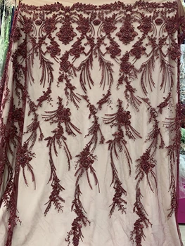 

wine red/burgundy color lace fabric high class design for elegant lady style with handmade beads crystal tassels popular style