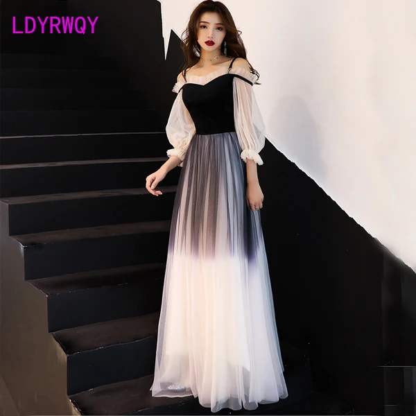 

2019 autumn and winter new one-shoulder lantern sleeves long section ladies banquet slim dress Floor-Length Zippers