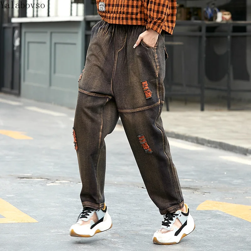 

2019 street style Hole jeans Destroy Wash Elastic Waist Jeans for women Pockets Bleached Denim pants female A81Z40