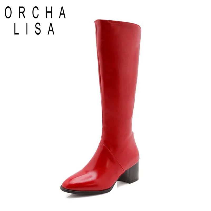 

ORCHA LISA Women knee high Boots square high Heels Patent Leather Riding Boots zipper Boots Shoes Black Red beige big size 46 45