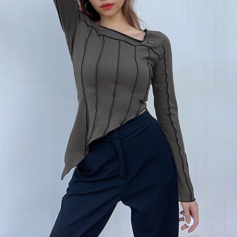 Reverse Stripe Irregular Women's T-shirts Harajuku Vintage Cotton Long Sleeve Soft Crewneck Cute Crop Top Tees Korean Iamhotty