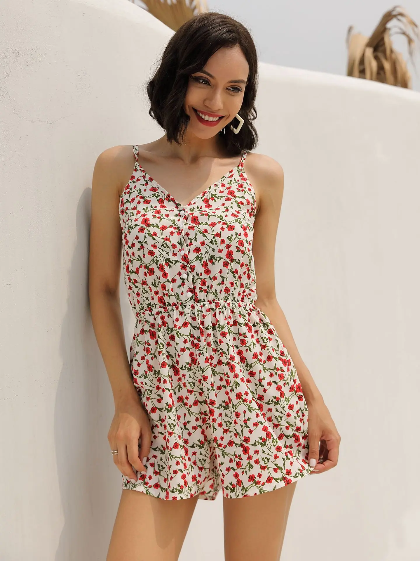 Женские топы с цветочным принтом в праздничном стиле и штаны, комбинезон с пуговицами на бретельках, повседневный стиль, короткие комбинезоны для женщин, лето