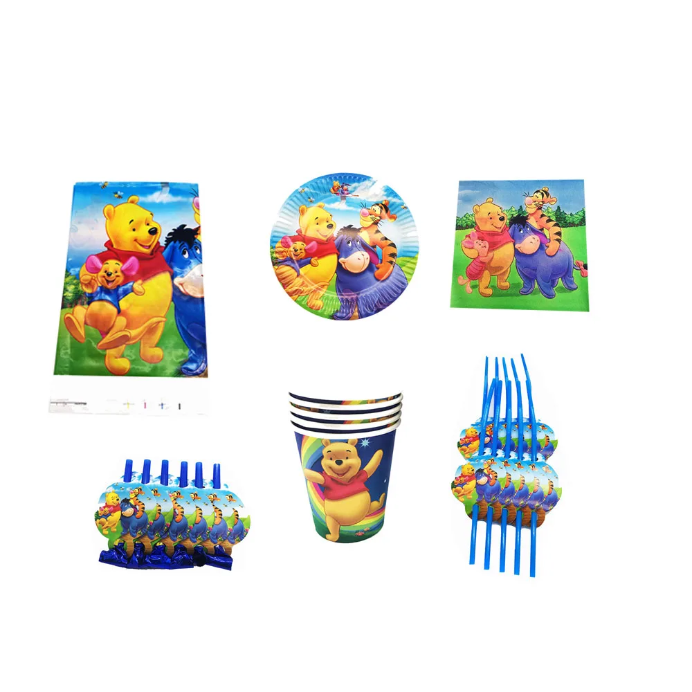 

93pcs Disney Winnie The Pooh Cartoon Theme Disposable Tableware Set Birthday Party Decorations Plates Napkins Cup Straws