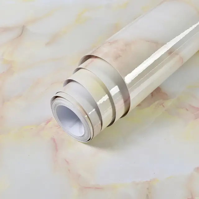 Shiny White Self-Adhesive Peel & Stick in Rolls Waterproof Wallpaper Furniture Films PVC Oil-proof Wall Stickers Kitchen Cabinet Marble Light Yellow