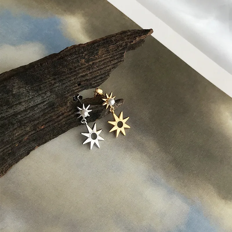 RUIYI Real 925 Sterling Silver Women Cold Wind Fashion Hexameron Charm Earrings Girls Young Niche Sunflower Pearl Stud Earrings