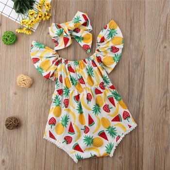 

2019 New Newborn Baby Girl Infant Fruit Print Fly Sleeve Romper +Bow Headband Sunsuit Outfit 2Pcs Clothes