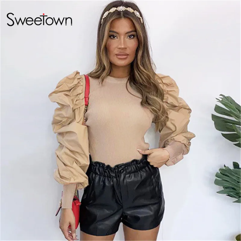 khaki Sweetown, одноцветные зимние женские рубашки с пышными рукавами, осень, винтажная женская футболка, тонкая Базовая Элегантная укороченная футболка, уличная одежда - Цвет: khaki