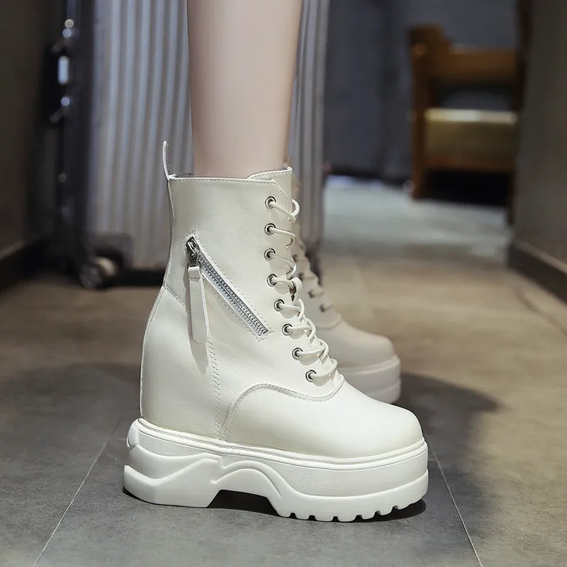 

2019 Super High Heels Shoes Woman Female Round Toe Martin Boots Lace-up Wedges Boots Platform Women Shoes Increase Ankle Boots