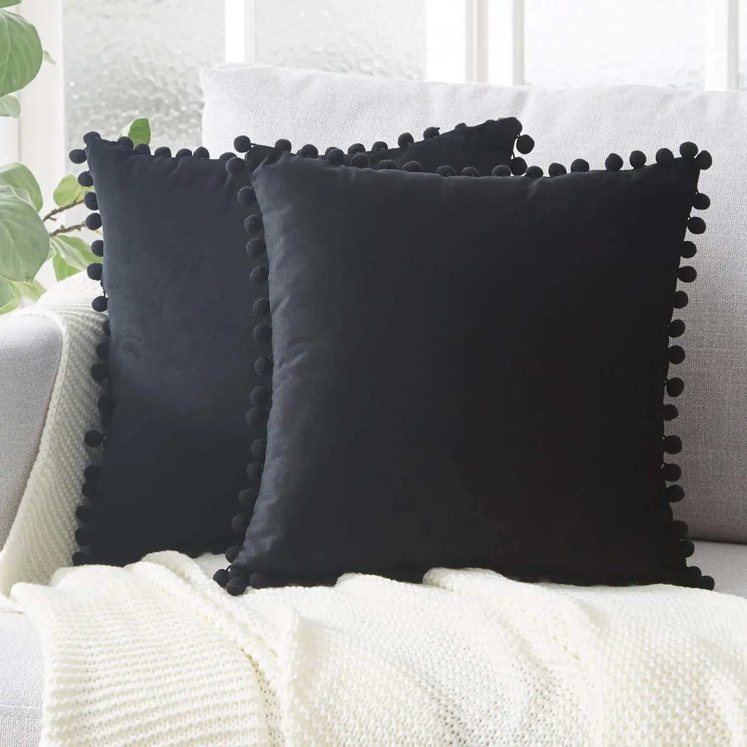 Velvet Decorative Cushion with Ball Home Decor Sofa Pillowcase  Pure Color Drop Ball Plush Car Home Office Throw Pillowcase 
