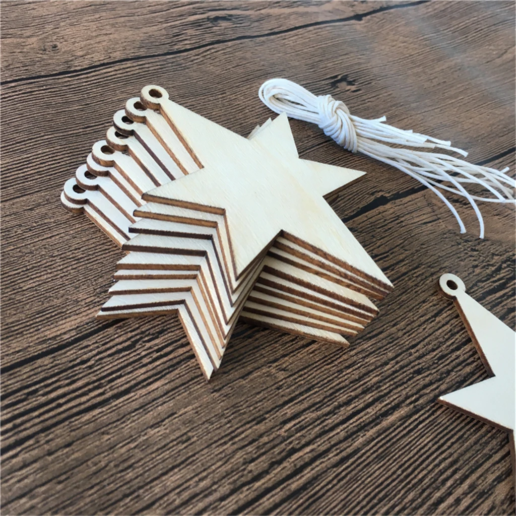 

10pcs Wooden Star Christmas Pendants Ornaments DIY Wood Crafts Xmas Tree Ornaments Christmas Party Decorations Kids Gift