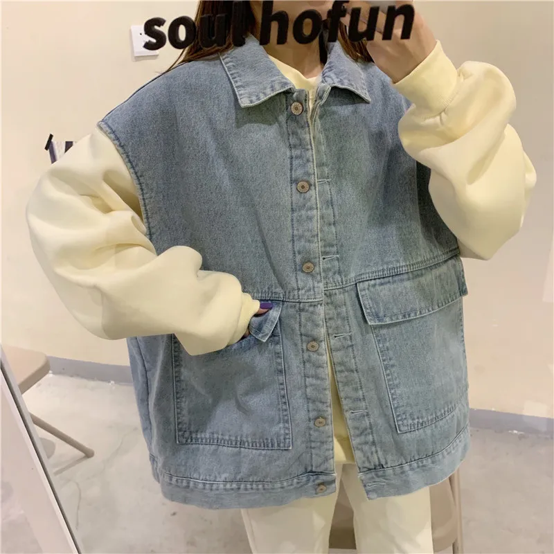 Зимний утолщенный джинсовый жилет для женщин Harajuku, без рукавов, с отворотом, теплая куртка для девушек, Корейский простой Свободный жилет с большими карманами для женщин