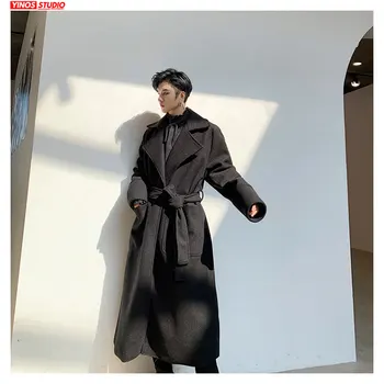 

Dropshipping 2020 Design Lapel Coats Japanese Streetwear Darkness Lengthen Trench Male Solid Long Sleeve Beam Waist Cloak