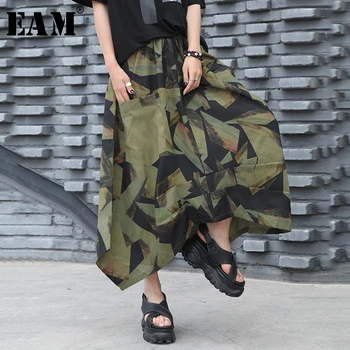 

[EAM] High Elastic Waist Pattern Printed Pocket Asymmetrical Half-body Skirt Women Fashion Tide New Spring Autumn 2020 1T167