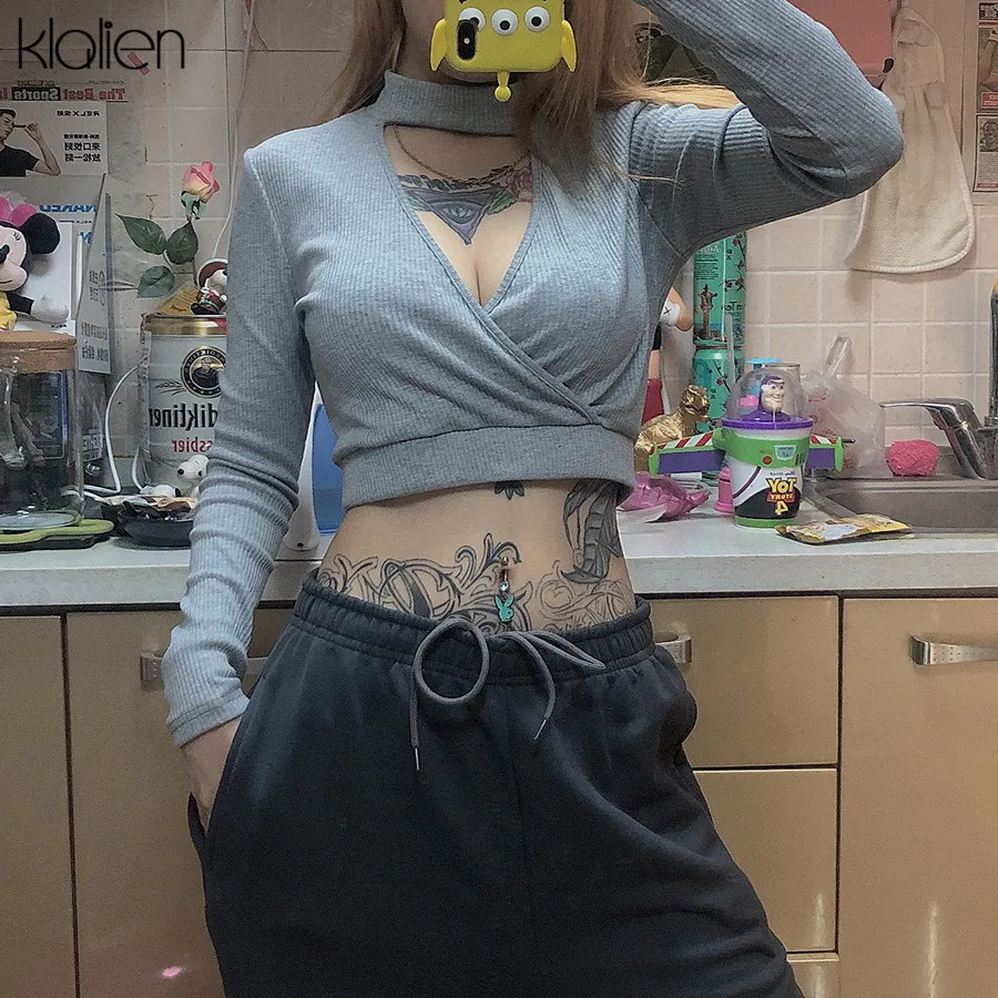 

KLALIEN hoodies Full Sleelve V-Neck Solid Crop top Fashion Slim elastic Hot Pullovers 2019 Autumn Women Harajuku Sweatshirts