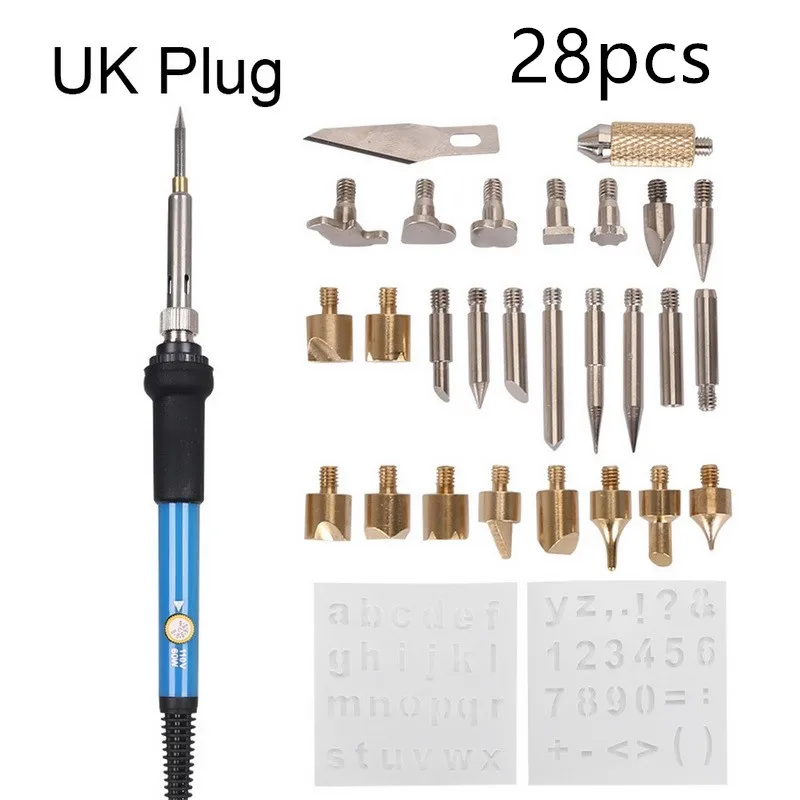 28 шт., регулируемый паяльник для резьбы по дереву, инструмент для пирографии, инструмент для выбивания дерева, набор паяльных ручек, набор сварочных наконечников, штепсельная Вилка для ЕС/США/Великобритании - Цвет: UK Plug 28pcs