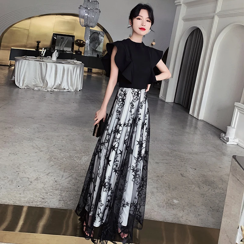 Женское вечернее платье с оборками, Сексуальное Черное Длинное ТРАПЕЦИЕВИДНОЕ плиссированное платье Cheongsam, элегантное Сетчатое платье с рукавом-бабочкой, Qipao Vestidos