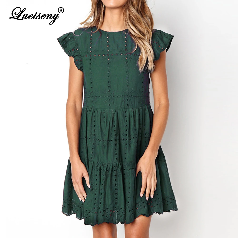 

LUEISENY Summer Hollow Out Ruched A-Line Mini Dress Woman Ruffles Sleeve Beach Dress Basic O-Neck Dresses sukienka de verano