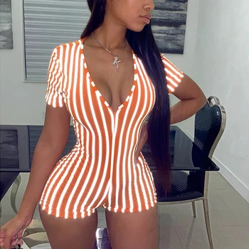 

Sexy Onesie Pajamas Short Jumpsuit Sleepwear Short Romper Bodycon Adult Women Striped Print Bodysuit Lingerie Underwear 2020