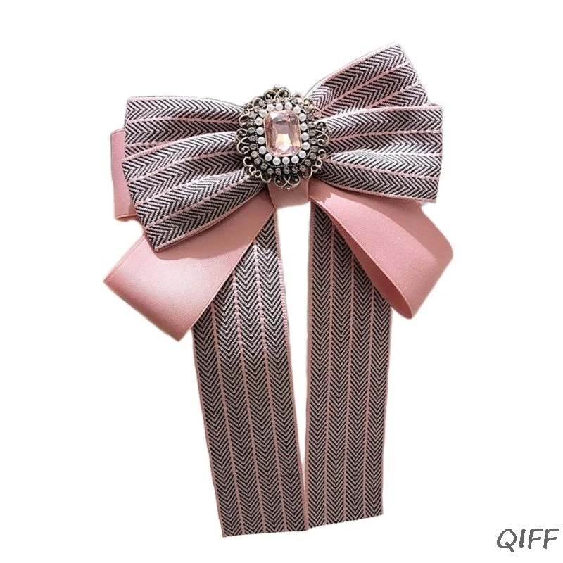 Women Retro Colorful Striped Bow Tie Imitation Crystal Jewelry Collar Brooch Pin - Цвет: PK