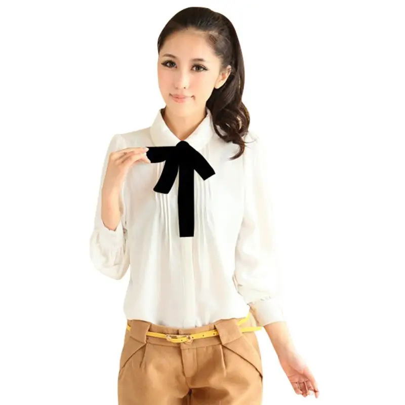 

Women Long Sleeve Peter Pan Collar Chiffon Blous Bowtie Shirt New
